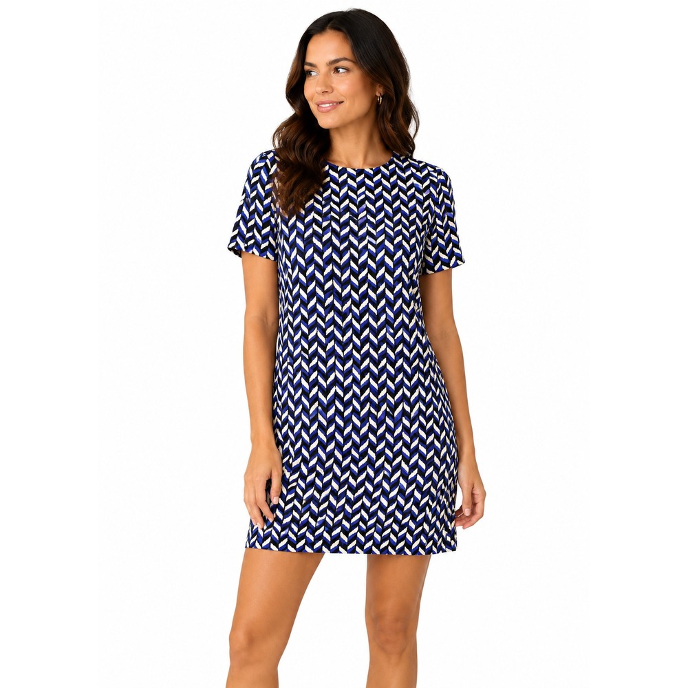 NWOT Zara Blue Black Ivory Geometric Print Short Length Back  Zip Shift Dress SM
